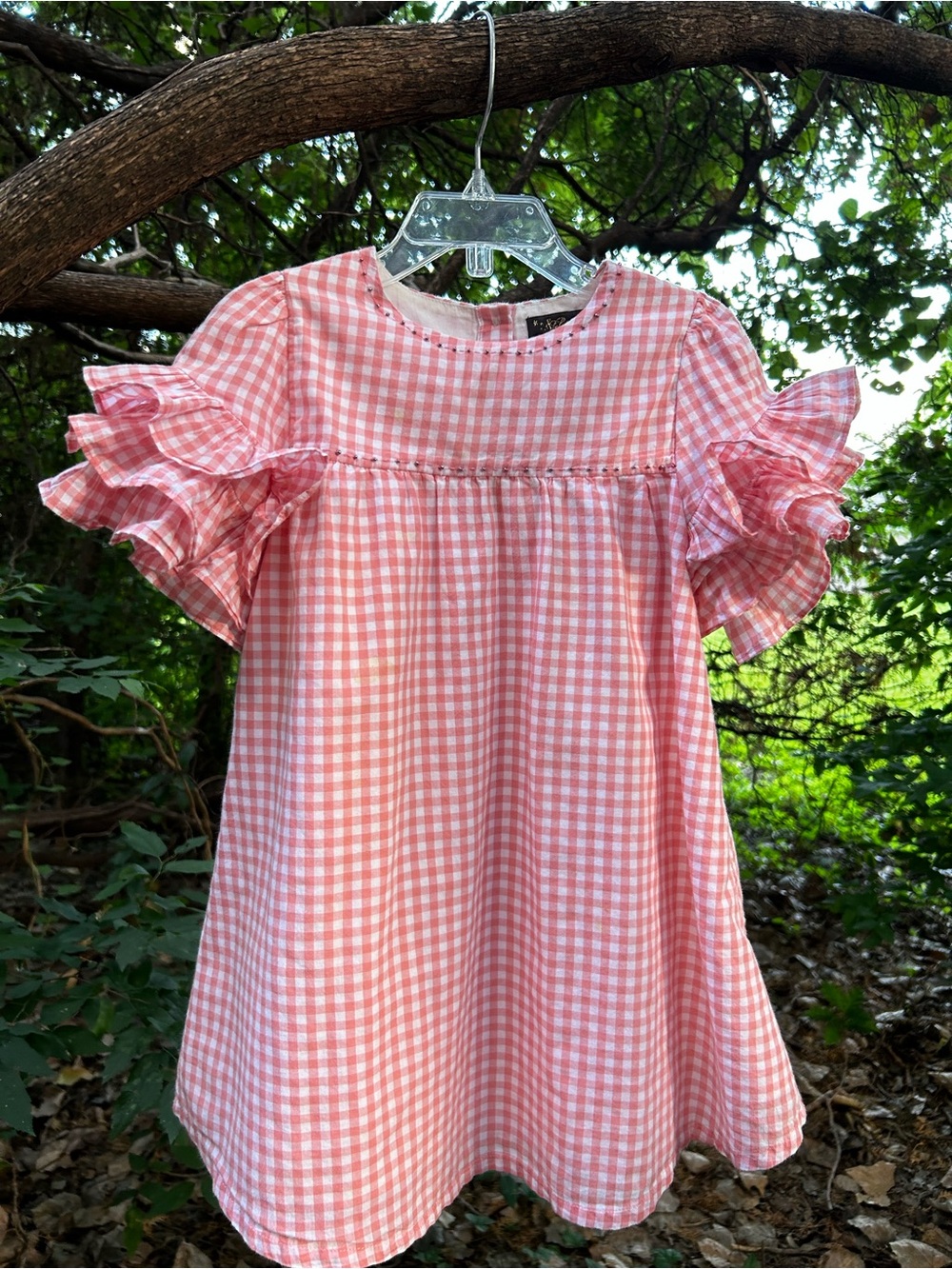 Velveteen Pink Gingham Ruffle-Sleeve Casual Dress